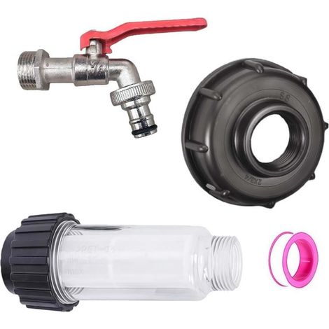 IBC Kit adaptateur de réservoir S60x6 Valve en laiton pour conteneur fourre-tout – Raccord de tuyau d'arrosage anti-fuite avec filtre et ruban adhésif – Rouge argenté 18,5 cm (1/5)