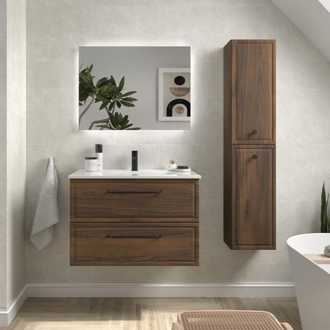 Mueble de Baño RUNA 80cm Nogal 2 cajones Lavabo 1 poza Porcelana (1/5)