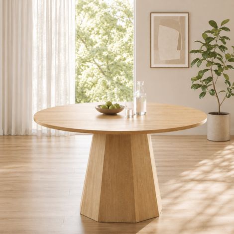 Table ronde 120x120cm, pour 4 à 6 personnes, design scandinave minimaliste, effet chêne, idéale pour salle à manger, plateau chaleureux et authentique (1/5)
