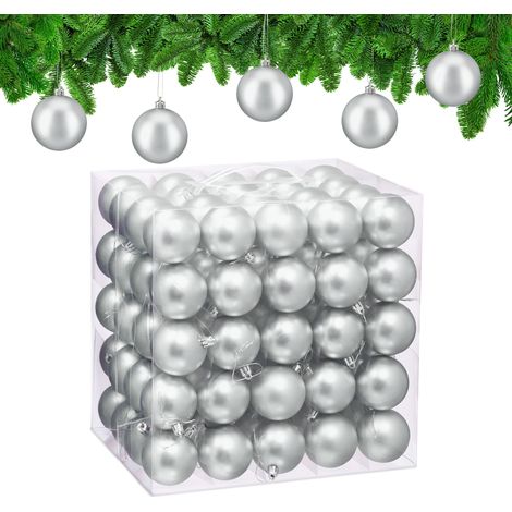 Relaxdays Weihnachtskugeln 100er Set, Weihnachtsdeko, mattes Design, Christbaumkugel, Tannenbaumschmuck ∅ 6 cm, silber