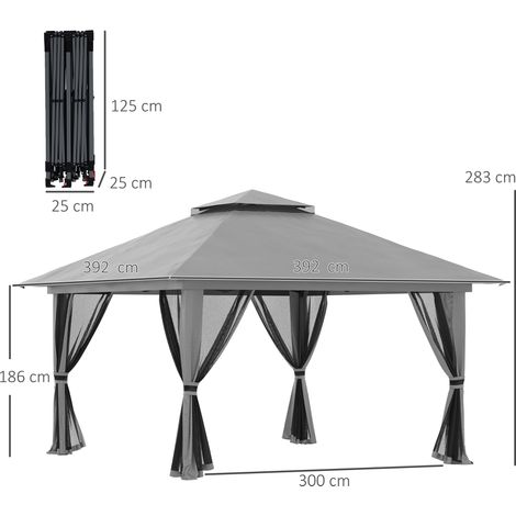 Pavillon pliant 4x4m, abri de jardin pliable avec protection UV et parois en filet, double toit, résistant aux intempéries et gris foncé (1/5)
