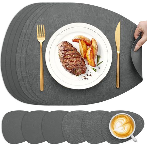 Tischsets und Untersetzer, ovale Tischsets, 6er-Set, waschbar, doppelseitiges zweifarbiges Leder, rutschfeste Tischsets, leicht zu reinigen (hellgrau/dunkelgrau, ovales 6er-Set)