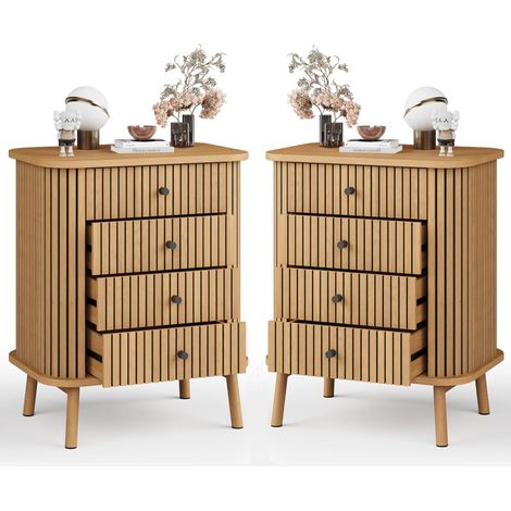 Lot de 2 tables de chevet striées avec 4 tiroirs - Style bohème en bois imitation chêne - Poignées noires mates - Rangement spacieux pour chambre, salon ou bureau - Pieds en bois naturel (1/5)
