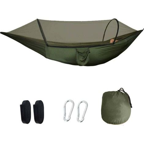 Hammock with mosquito net, fitted with 2 carabiners and 2 sturdy straps, 260 x 140 cm, military green (1/4)