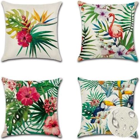 Housse de Coussin 45 x 45 cm Fleurs, Oiseaux, Animaux et Plantes Motif Taie d'oreiller Imperméable pour Canapé Maison Salon Chambre Décoration 4 pièces (Plantes Tropicales, Fleurs et Oiseaux) (1/5)