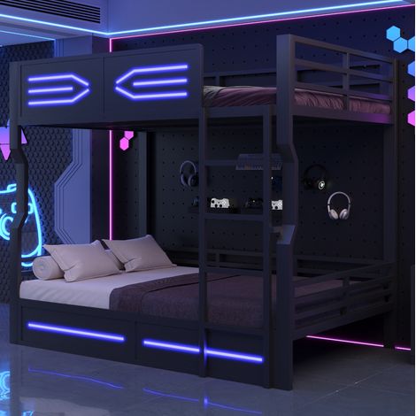Litera 140x200 cm con LED, escalera recta, barandilla de seguridad, estructura de metal y MDF, ahorro de espacio - negro (1/5)