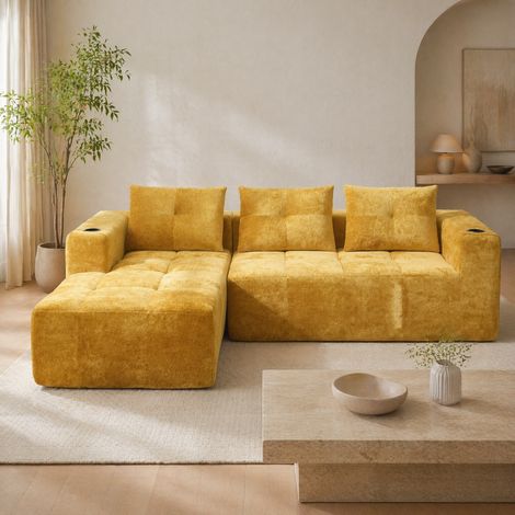 Sofá esquinero 4-5 plazas 255 x 161 cm chenilla con 3 cojines y 2 portavasos amarillo DESVIAE (1/5)