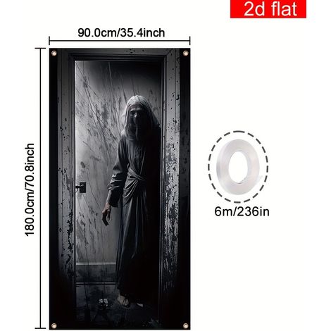 Décoration de porte d'Halloween, rideau de salle de bain Faucheuse, bannière décorative tête de mort effrayante - 90 x 180 cm (perforée + ruban) - Style 15