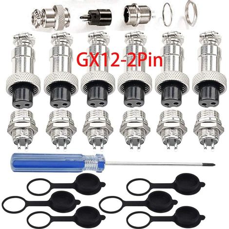 6Pcs GX12-2Broches Aviation Connecteur, 12MM Metal Panneau Aviation Connecteur Prise, 5A Male Femelle Aviation Prise avec Caoutchouc Protecteur Capuchon et Tournevis
