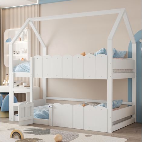 Etagenbett 90/200 cm Weiß in Hausoptik mit Leiter und erhöhten Sicherheitsgeländern (1/5)