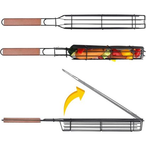 Panier à hot-dogs avec poignée en bois, panier à barbecue, filet à barbecue, pinces à légumes et saucisses pour barbecue, grille pliante en fil de fer, pinces à saucisses, camping en plein air. (1/5)