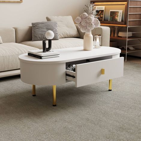 Table basse 108 x 50 x 40 cm, 2 tiroirs, poignées et pieds dorés, angles arrondis, MDF blanc, rangement salon (1/5)