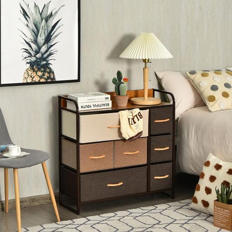 COSTWAY Cajonera con 7 Cajones/Organizador Amplio con Cajones Plegables en Tejido/Cómoda con Estructura en Acero Resistente y Superficie de Madera 80 x 29 x 79 cm (1/5)