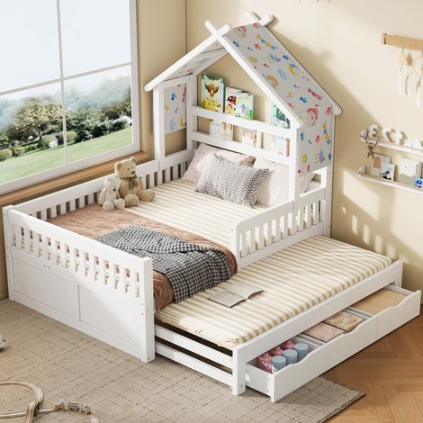 Hausbett aus Holz Weiß 140x200 cm mit Ausziehbett, 3 Schubladen und Schutzgitter