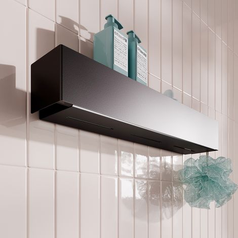Badregal 50cm Schwarz - Modernes Wandregal für Badezimmer  Duschregal Wand Metall Pulverbeschichtet  Designer Regal Badezimmer  Montage Ohne Bohren oder mit Schrauben  Belastbar bis 12 kg