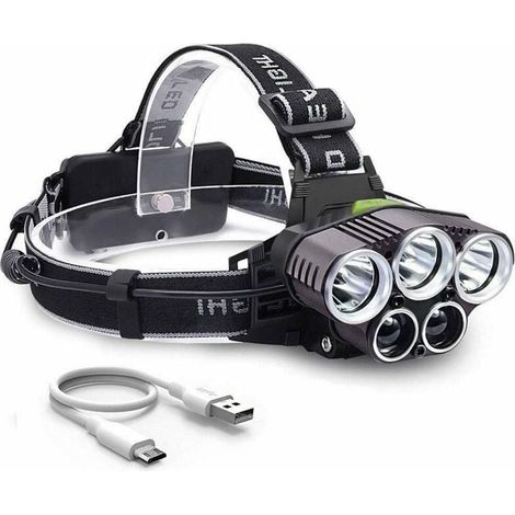 Lampe Frontale - 5 LED Rechargeable USB - Portée 500 M - Régulation 90° - Étanchéité IPX4 - Aluminium - Pour Randonnée Camping Pêche Chasse VTT - 1 Pièce (1/2)
