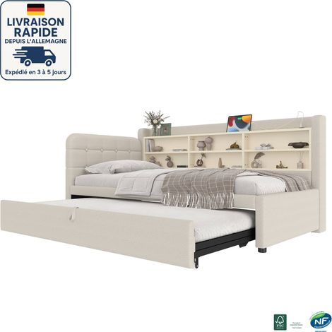 MODFU - Divano letto per bambini con letto estraibile 90x190/200cm 2 persone, con contenitore, USB+TypeC, rete a doghe, senza materasso, lino, beige