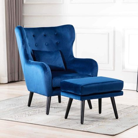 Winslow Wing Back Occasional Fabric Lounge Accent Chair Living Room Armchair Navy with Footstool (1/5)