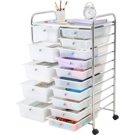Chariot de Rangement à 15 Tiroirs en PP Double Rangée avec Roulettes, Cadre en Acier Chromé, pour Bureau, Salle de Classe, Atelier, Loisirs Créatifs, Studio, 4 Roulettes Pivotantes 2 avec Frein (1/5)