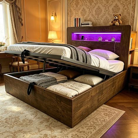 Lit plateforme en bois, lit double 140x200cm avec LED et prises, lit coffre avec hydraulique, compartiments de rangement, bois (1/5)