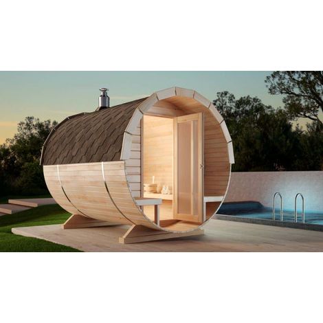 FinnTherm Fasssauna Carrie Fasssauna 2 Sitzbänke aus Holz, Sauna mit 42 mm Wandstärke, Außensauna mit Montagematerial