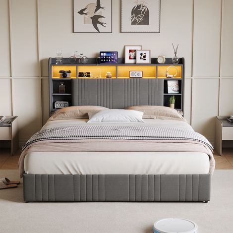 Bett mit Schubladen 140x200 cm mit Stauraum-Kopfteil und LED, modern, Leinenstoff, Grau