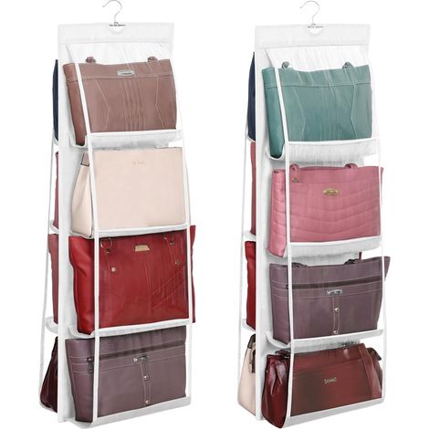 Rangement Sac a Main à Suspendre, Blanc (Lot de 2) Porte Sac Pliable pour Pochette & Fourre-Tout, Accessoire Dressing 8 Compartiments (1/4)