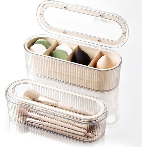 Sollbry 2 pièce Organisateur Maquillage Crème, Boite de Rangement Cosmetique avec Couvercle Maquillage Transparente, Tiroirs Organisateur Salle De Bain,BLANC (1/5)