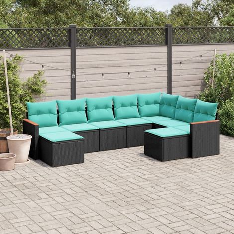 9-teiliges Gartensofa-Set mit Kissen, schwarzes Polyrattan (1/5)