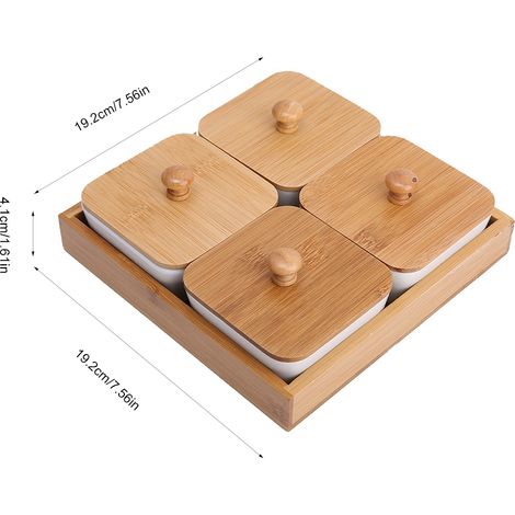 Plat de service céramique 4 compartiments avec couverture bambou pour fruits, noix, desserts - blanc, manomade - Appetizer Platter en céramique blanc avec couverture bambou naturel pour fruits, snacks (1/5)