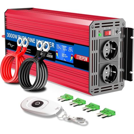 3000W Convertisseur 12V 220V Pur Sinus Transformateur Onduleur avec 2 Prises CA, Télécommande sans Fil, écran LCD, pour Les Systèmes Solaires, Voiture, Camping,Voyage, Caravane (1/5)