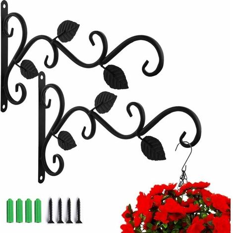 2 ganchos de pared para plantas con tornillos, soporte para plantas, farol, comedero para pájaros, cesta de metal para jardín, decoración de balcón (hojas) (1/5)