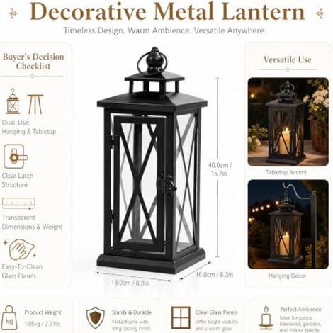 Lanterne funéraire en métal noir - 40 cm - Lanterne funéraire - Résistante aux intempéries - Pour extérieur, bar, fête de mariage, décoration - Lanterne à bougie pour condoléances et enterrements (1/4)