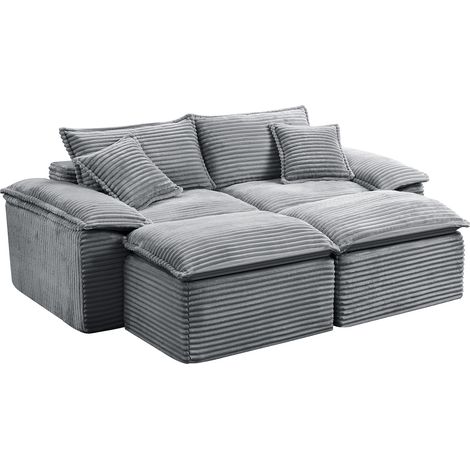 Canapé 2 places avec ottoman, revêtement en tissu côtelé gris, assise profonde et mousse haute résilience pour salon ou chambre, de CHICFURN (1/5)