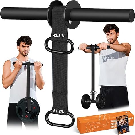 Wrist Roller - Forearm Exerciser with Nylon Webbing Strap - 43.3 in or 51.2 in - Quick-Lock Handle - For Hand Wrist and Forearm Strength Training - 1 Unit (1/3)