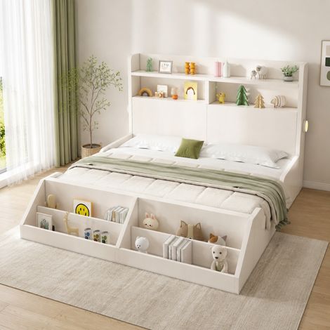 CHICFURN Cama doble 140x200 cm de madera blanca con almacenaje y luces nocturnas, sin colchón (1/5)