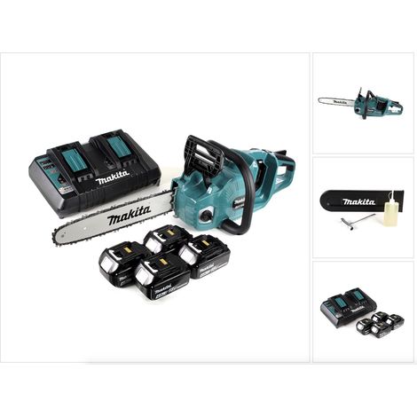 Makita DUC 355 PM4 Akku Kettensäge 36V ( 2x18V ) Brushless 35 cm + 4x 4,0 Ah Akku + Doppelladegerät