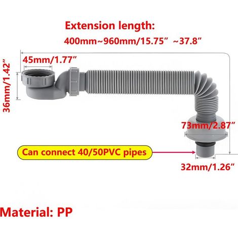Ausziehbarer Abflussschlauch (1 Stück), ausziehbar von 400 mm bis 960 mm, flacher Siphon für Badewanne und Dusche (1/5)