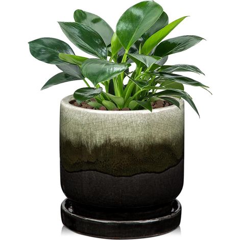 Keramik-Pflanztopf 13 cm mit Untersetzer, Farbverlauf Schwarz, mit Abflussloch (1/5)