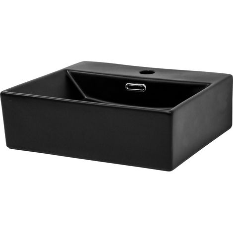 ML-Design Lavabo en Céramique Noir 415x360x130 mm avec Garniture de Vidage 1 1/4" Universelle et Trop-Plein, Design Rectangle, Vasque à Poser Moderne, Évier Lave-Mains pour Salle de Bain et Toilettes (1/5)