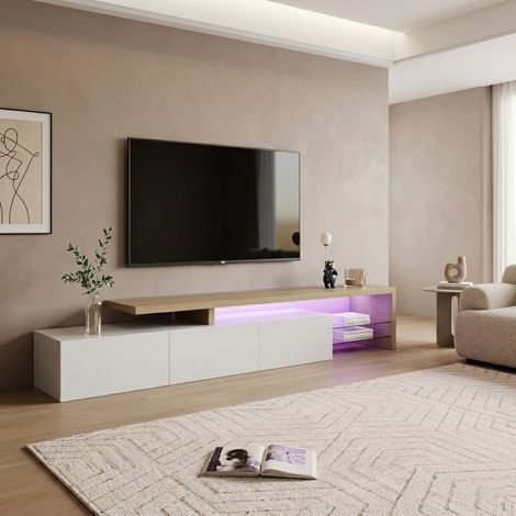 Meuble TV Design avec Éclairage LED 16 Couleurs - Longueur 160-200 cm - Buffet Bas avec Étagères en Verre et 3 Placards - Style Scandinave / Moderne - Blanc (1/5)