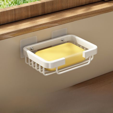 Porte-savon mural en aluminium blanc avec filet à savon, non perforé, à ventouses, avec système d'égouttage, sans perçage et peu encombrant. (1/5)