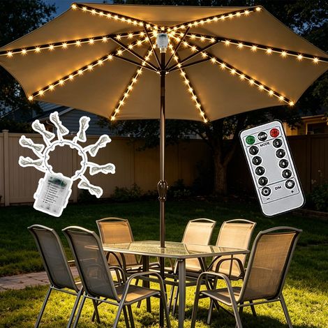 Sonnenschirm Beleuchtung Batterie, 104 LEDs Sonnenschirm Lichterkette mit Fernbedienung 8 Modi IP67 Wasserdicht, LED Lichtbänder Stripes für Garten Parasol Camping Party Outdoor Dekoleuchte (1/5)