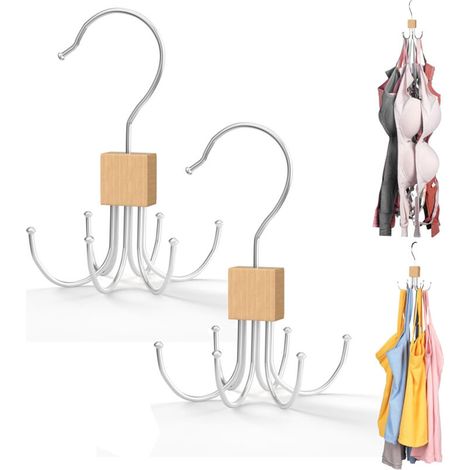 Porte-manteau multifonctionnel à 6 crochets - Rotation à 360°-Pour vêtements, foulards, ceintures, cravates-Couleur bois-Lot de 2 (1/5)