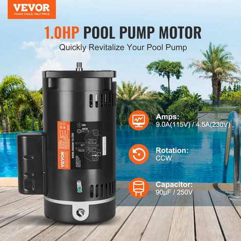 Moteur de pompe de piscine 1 CV, 56Y, courant 9,0 A (115 V) / 4,5 A (230 V) 3450 tr/min, facteur de service 1,25, condensateur 90 μ… (1/5)