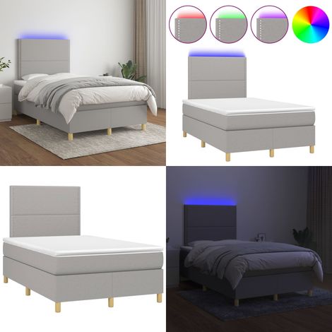 Cama box spring con colchón tela y LED gris claro 120x200 cm - Cama box spring - Colchón con luz LED