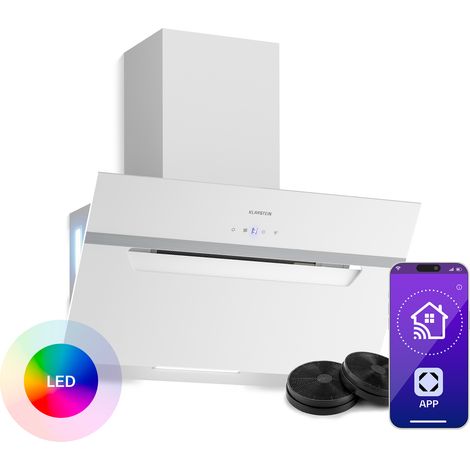 Klarstein BigBite Hotte Aspirante 60 cm - Hotte Décorative Inclinée, 417 m³/h, A+++, LED, 3 Vitesses & Boost, Filtre Charbon, Tactile, Recyclage ou Évacuation, Blanc