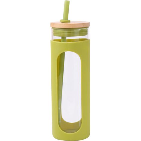 Glas-Trinkflasche mit Bambusstrohhalm und auslaufsicherem Deckel – JINFGERNE – Umweltfreundlicher Becher mit Silikonhülle, ideal für Zuhause und unterwegs (1/5)