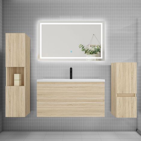 Ensemble meuble de salle de bain 100cm, vasque + colonne + LED miroir,chêne (1/5)