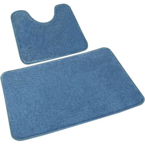 Lot de 2 Tapis de bain, Microfibre antidérapante, Absorbant rapide, Pour salle de bain et WC, Bleu